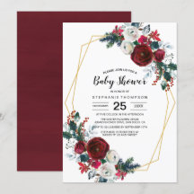 Geometric Frame Burgundy Flowers Baby Shower