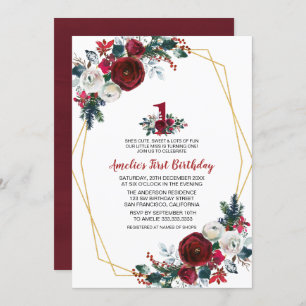 Geometric Frame Burgundy Flowers First Birthday Invitation