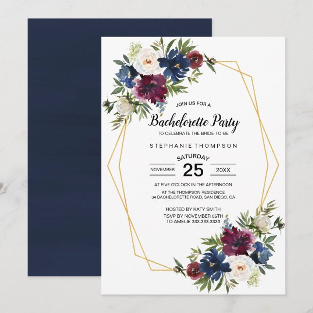 Geometric Frame Burgundy Navy Flowers Bachelorette Invitation (Front/Back)