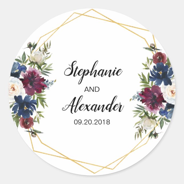 Geometric Frame Burgundy Navy Flowers Wedding Classic Round Sticker (Front)