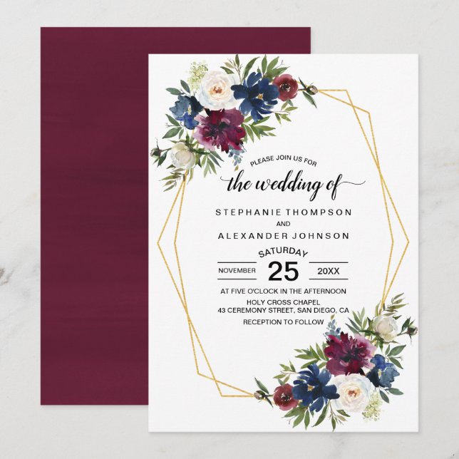 Geometric Frame Burgundy Navy Flowers Wedding Invitation (Front/Back)