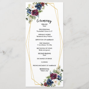 Geometric Frame Burgundy Navy Flowers Wedding Program