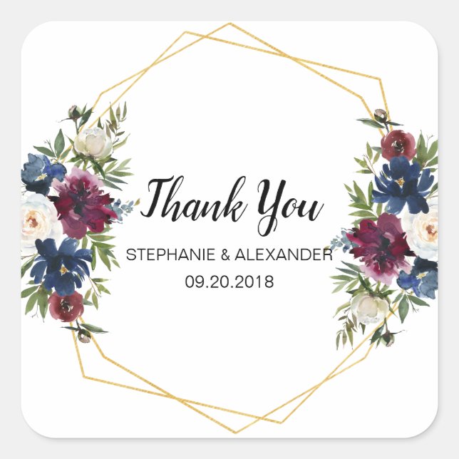 Geometric Frame Burgundy Navy Flowers Wedding Square Sticker (Front)