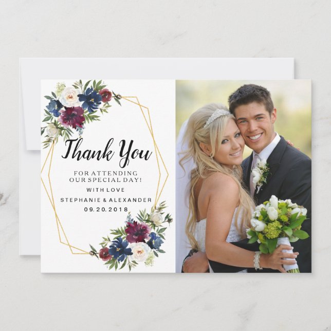 Geometric Frame Burgundy Navy Flowers Wedding Thank You Card (Front)