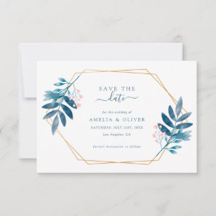 Geometric Frame Dusty Blue Greenery Wedding Save The Date