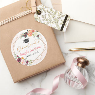 Geometric Frame Floral Graduation Thank You Classic Round Sticker