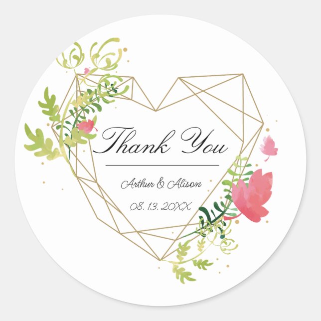 Geometric Frame Floral Wedding Favour Thank You  Classic Round Sticker (Front)