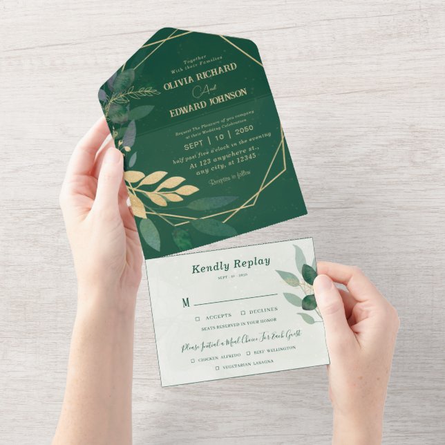 Geometric frame gold and green with Rsvp Wedding All In One Invitation (Tearaway)