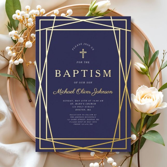 Geometric Frame Navy Blue Boy Baptism Gold (Geometric Frame Navy Blue Boy Baptism Gold Foil Invitation)