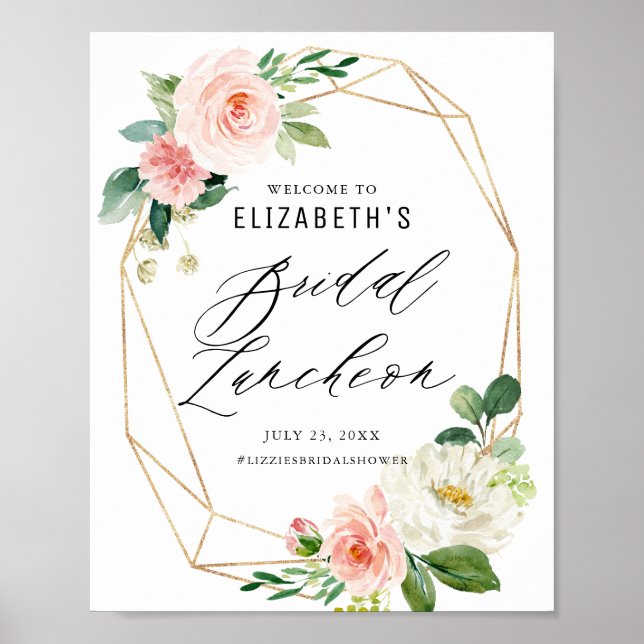 Geometric Frame Pink Floral Bridal Luncheon Poster (Front)