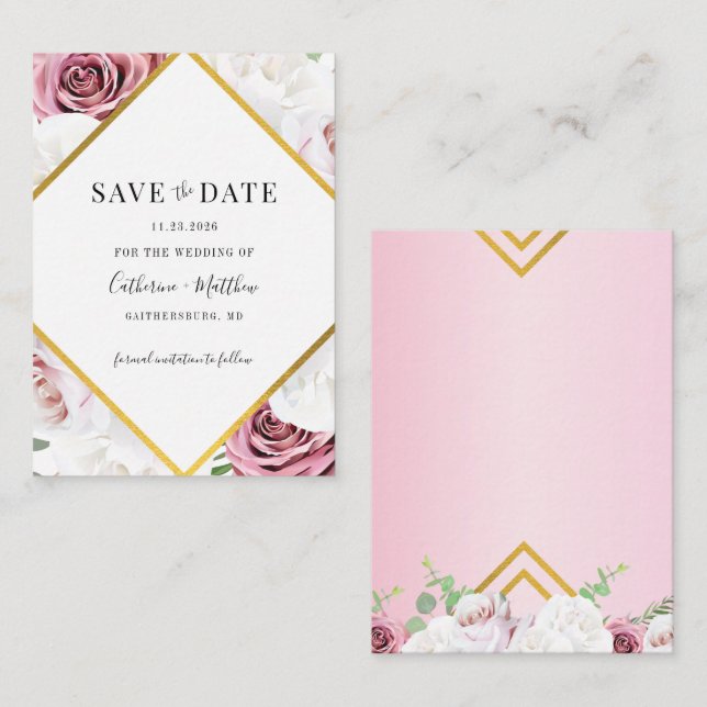 Geometric Frame Pink Floral Save The Date Card (Front/Back)