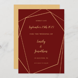 Geometric Frame Script Burgundy Gold Wedding Save  Save The Date