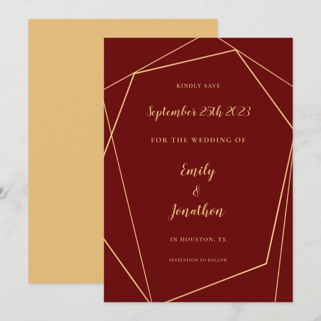 Geometric Frame Script Burgundy Gold Wedding Save  The Date (Front/Back)