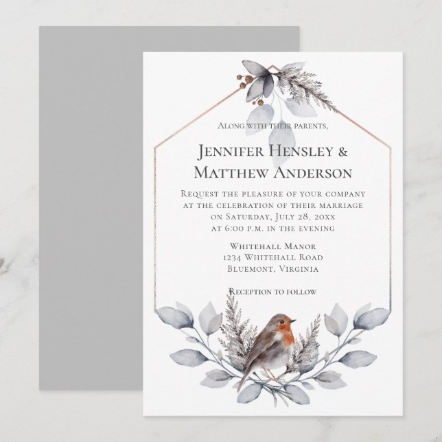 Geometric Frame Silver Grey Rust Leaves Bird Invit Invitation (Front/Back)
