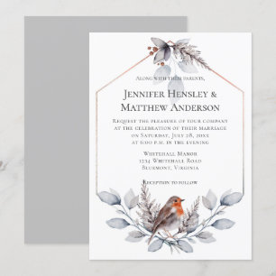 Geometric Frame Silver Grey Rust Leaves Bird Invit Invitation