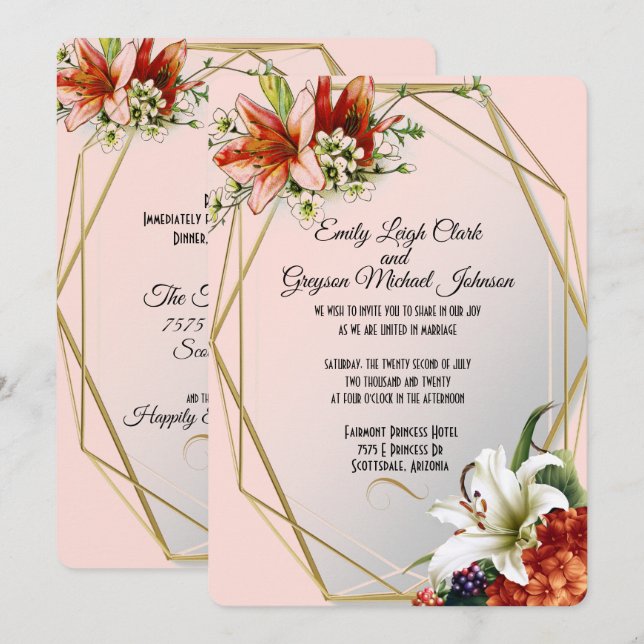 Geometric Frame with Tropical Lilies Wedding Invitation (Front/Back)