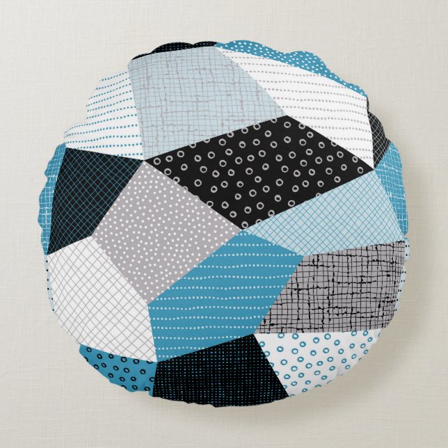 Geometric Freehand Drawing Patchwork Tiles Round Pillow (Front)