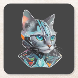 Geometric Futuristic Cat Design Square Paper Coaster