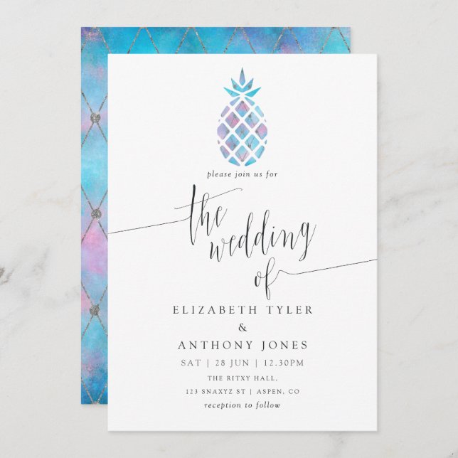 Geometric Galaxy Pineapple Tropical Beach Wedding Invitation (Front/Back)