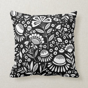 Geometric Garden Floral Pattern in Black and White Throw Pillow