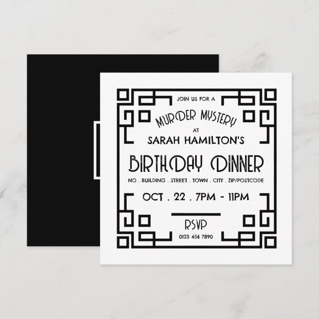 Geometric Gatsby Style, Murder Mystery Birthday Invitation (Front/Back)