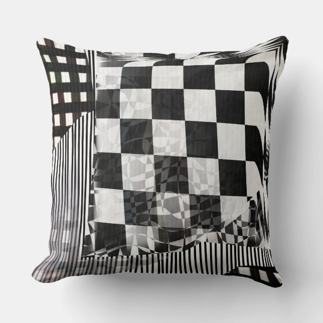 Geometric Glitch Collage Checker Pattern Throw Pillow (Front)