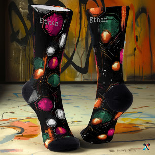 Geometric Glow in Emerald, Magenta on Black Socks
