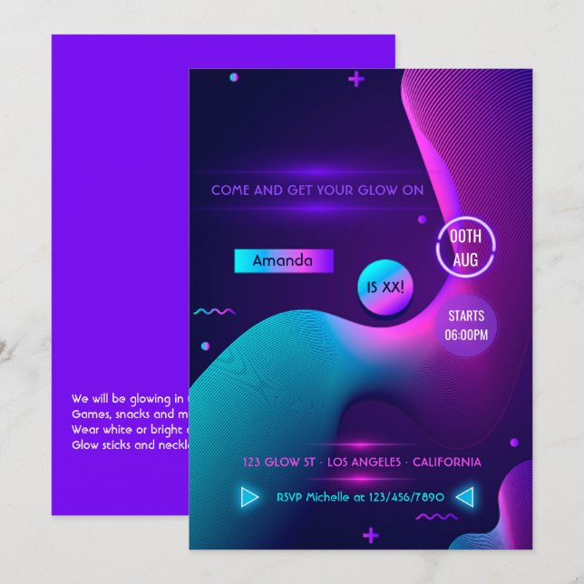 Geometric Glow in the Dark Neon Birthday Party Invitation (Front/Back)