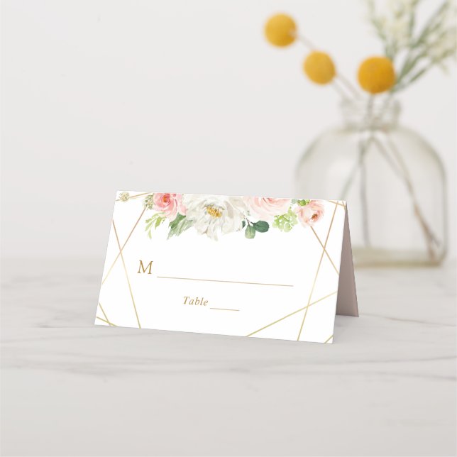 Geometric gold and blush floral wedding place card (Front)