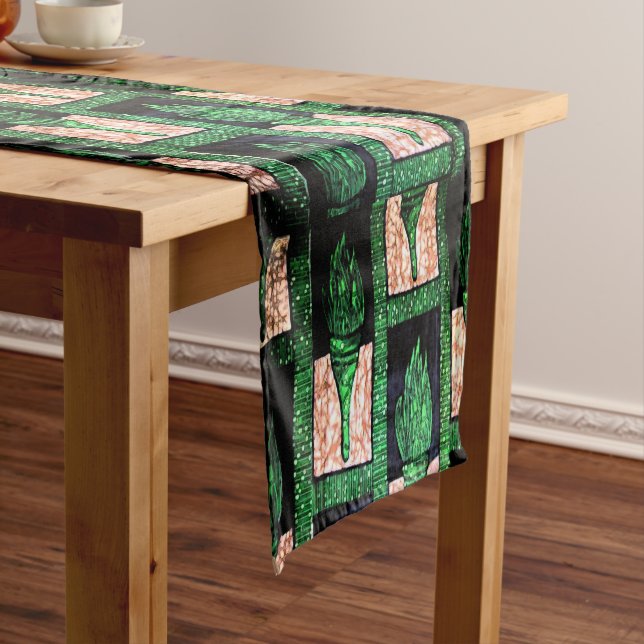 Geometric Gold and Green Pattern” Short Table Runner (In Situ)