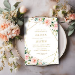 geometric gold and pink blush floral wedding invitation<br><div class="desc">A lovely modern design with an elegant faux gold geometric frame encircling text and beautiful pink blush flowers. A perfect theme for the spring and summer wedding. The text and colours on this wedding invitation template can be personalized.</div>
