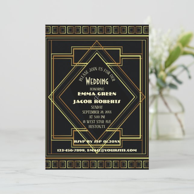 Geometric Gold black great gatsby Art Deco wedding Invitation (Standing Front)