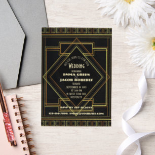 Geometric Gold black great gatsby Art Deco wedding Vellum Invitations