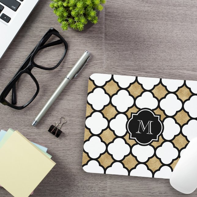 Geometric Gold Black White Quatrefoil Monogram Mouse Pad (Creator Uploaded)