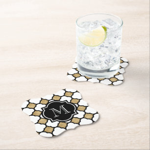 Geometric Gold Black White Quatrefoil Monogram Paper Coaster
