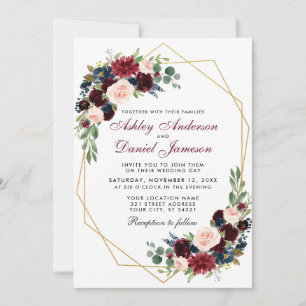 Geometric Gold Blue Burgundy Floral Wedding Invitation