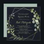 Geometric Gold Blue Green Calligraphy Bat Mitzvah Invitation<br><div class="desc">This geometric gold blue green calligraphy bat mitzvah invitation is perfect for a simple bat mitzvah. The design features hand-painted beautiful green leaves in a dark blue background,  adorning a gold geometric frame.</div>