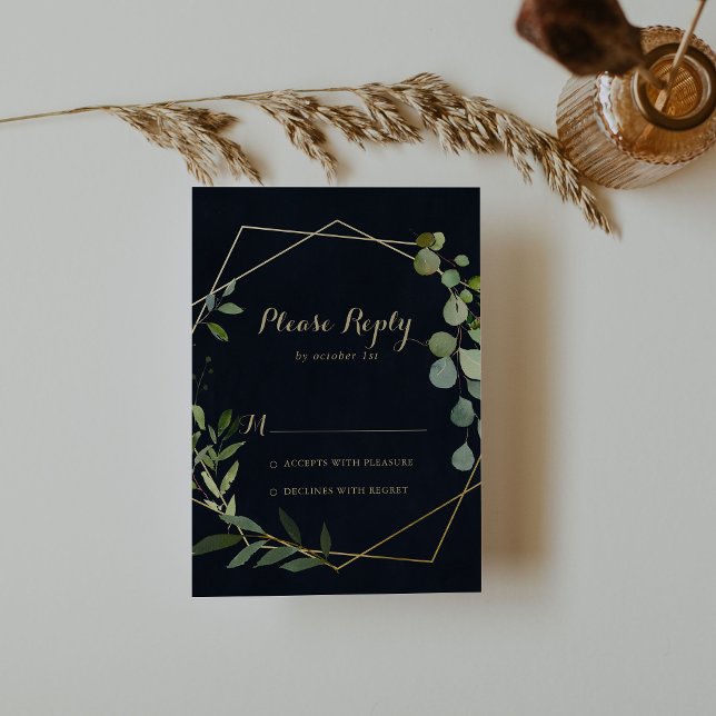 Geometric Gold Blue Green Calligraphy RSVP Card (Creator Uploaded)