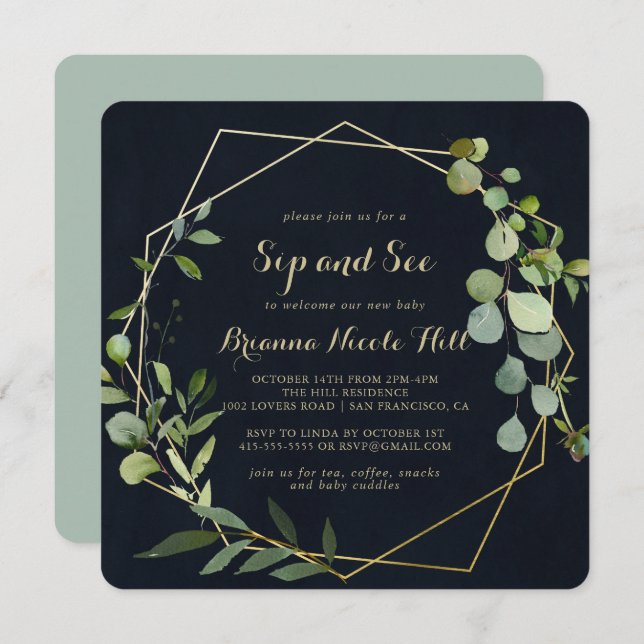 Geometric Gold Blue Green Calligraphy Sip and See  Invitation (Front/Back)