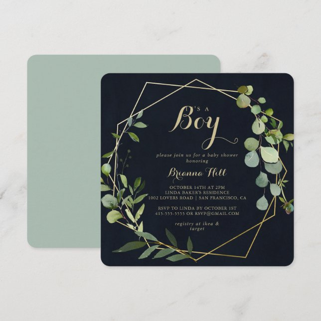 Geometric Gold Blue Green It's A Boy Baby Shower Invitation (Front/Back)
