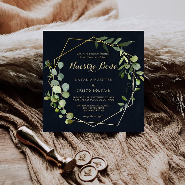 Geometric Gold Blue Green Spanish Wedding  Invitation (Creator Uploaded)