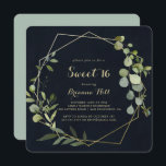 Geometric Gold Blue Green Sweet 16 Birthday Party  Invitation<br><div class="desc">This geometric gold blue green sweet 16 birthday party invitation is perfect for a simple birthday. The design features hand-painted beautiful green leaves in a dark blue background,  adorning a gold geometric frame.</div>
