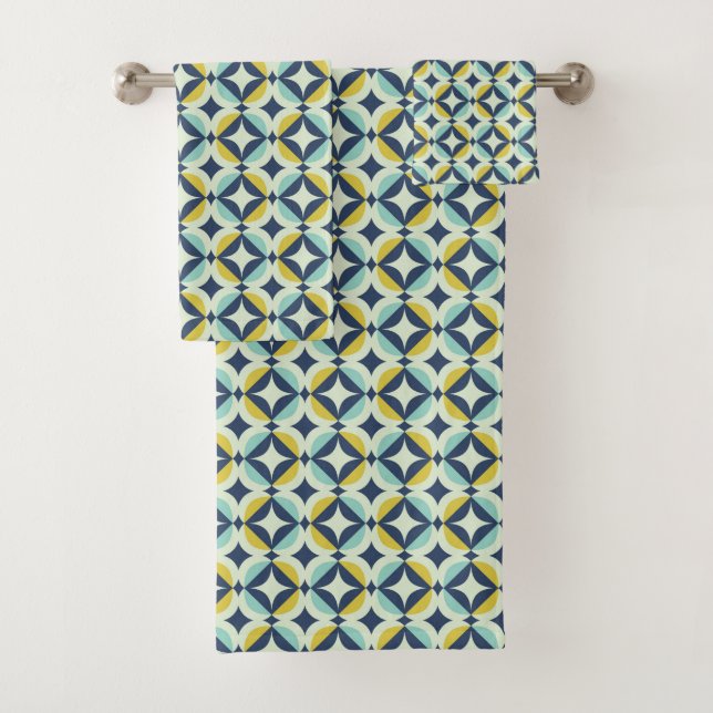 Geometric Gold & Blue Pattern Bath Towel Set (Insitu)