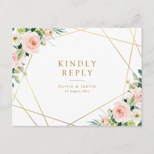 geometric gold & blush floral wedding RSVP Postcard