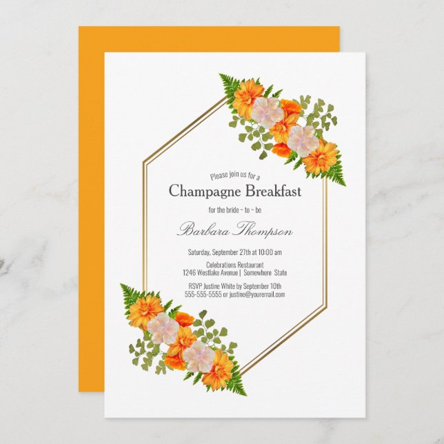 Geometric Gold Blush Orange Floral Champagne Break Invitation (Front/Back)