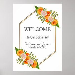 Geometric Gold Blush Orange Floral Wedding Poster