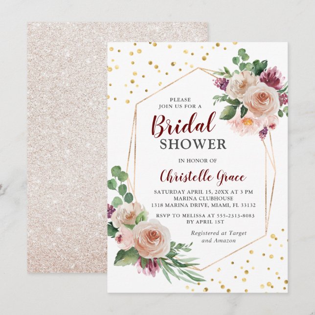Geometric Gold Burgundy Boho Flowers Bridal Shower Invitation (Front/Back)
