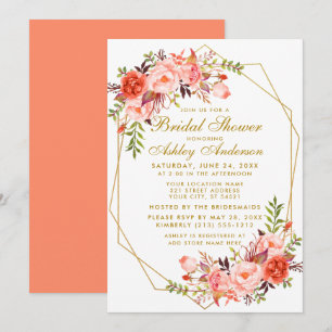 Geometric Gold Coral Floral Bridal Shower Invitation