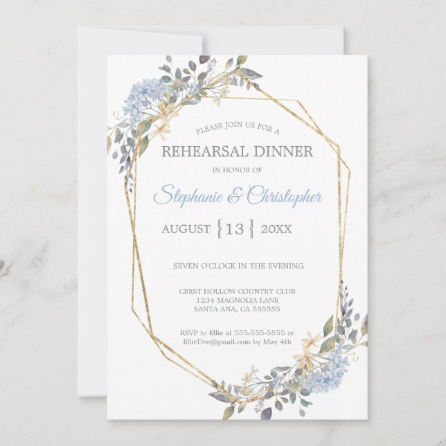Geometric Gold Dusty Blue Florals Rehearsal Dinner Invitation (Front)
