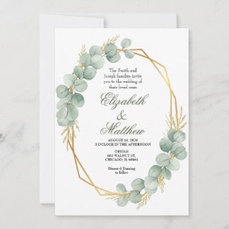 Geometric Gold Eucalyptus Wreath Wedding  Invitation